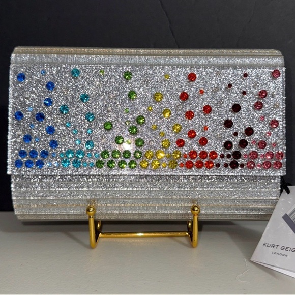 Kurt Geiger Handbags - Kurt Geiger Glittering Silver Clutch with Rainbow Gemstones